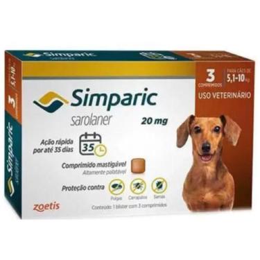 Imagem de Simparic Antipulgas e Carrapatos 20Mg 5,1 Até 10Kg 03 Comp Para Cães -