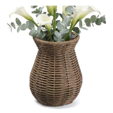 Imagem de Cabilock Vaso decorativo rústico de vime, vaso de flores estilo pastoral para decoração de casa, plástico marrom escuro e mesa de ferro, 14 x 12 x 12 cm