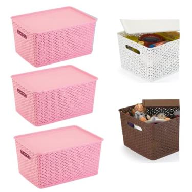 Imagem de Kit Rattan C/ 03 Caixas Organizadoras C/Tampa- 15 Litros Cor:Rosa