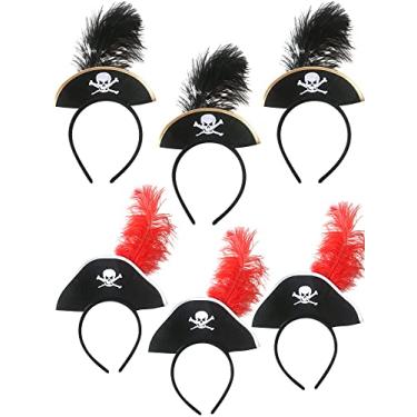 Imagem de SGBETTER 6 peças de chapéu de pirata, faixa de cabeça de caveira, penas, minipirata, chapéu de cabeça para decoração de Halloween, tema pirata, artigos de festa
