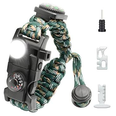 Imagem de NVioAsport Kit de engrenagem ajustável bracelete Paracord sobrevivência 21 em 1 com luz SOS LED, iniciador de fogo, bússola maior, apito de sobrevivência, perfeito para acampamento, caminhadas, pesca (Mountain Camo 1 pçs)..