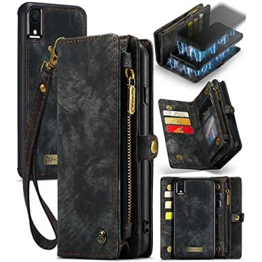 Imagem de ZORSOME Capa carteira para iPhone XR, 2 em 1 destacável de couro premium PU com 8 compartimentos para cartões, bolsa magnética com zíper, alça de pulso para mulheres, homens e meninas, preta