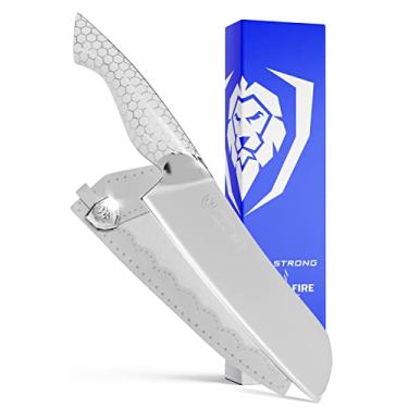 Imagem de Dalstrong Faca Santoku - 18 cm - Série Frost Fire - Aço inoxidável 10CR15MOV de alto cromo - Acabamento fosco com jato de areia - Faca de cozinha com cabo de favo de mel branco - Bainha de couro -