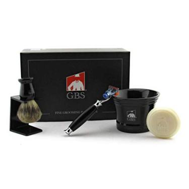 Imagem de GBS 5 Lâmina de Barbear Compatível Set Box Navalha presente - 5 da lâmina de lâmina, caneca de cerâmica, sabão natural, escova Pure Badger + Stand - Old Fashioned Wet barbear Experience (Black)