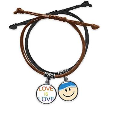 Imagem de DIYthinker Pulseira LGBT com bandeira de arco-íris Love is Love, corrente de mão, pulseira de couro com rosto sorridente