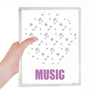 Imagem de Caderno de anotações musicais com folhas soltas e pequenas estrelas roxas
