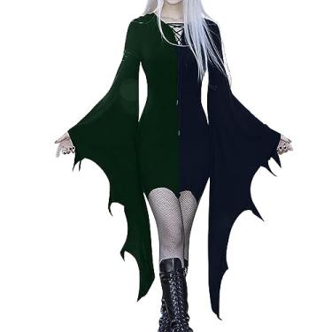 Imagem de Vestido feminino de manga comprida com estampa de Halloween e estilo gótico, vestido casual, Azul, XX-Large