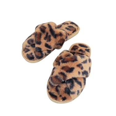 Imagem de Chinelos felpudos - Chinelos femininos de pelúcia macia com estampa de leopardo,Sapatos baixos de quarto de spa interno de lã peluda deslizam em chinelos para inverno, primavera e outono Fovolat