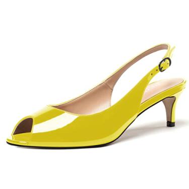 Imagem de WAYDERNS Sapatos femininos Peep Toe de couro envernizado com tira no tornozelo e salto baixo para mulheres bonitos sapatos sociais 5 cm, Amarelo, verde, 11.5