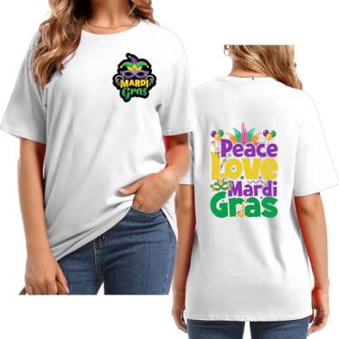 Imagem de UIFLQXX Peace Love Mardi Camiseta feminina com estampa de letras, gola redonda, manga curta, plus size, roupas casuais divertidas Carnaval, Branco, XG