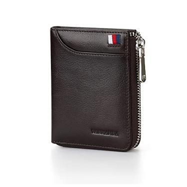 Imagem de Carteira masculina de couro legítimo VANNANBA, com zíper fino, bolso frontal bloqueio de RFID, Marrom escuro