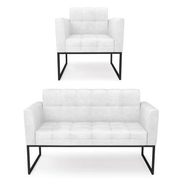 Imagem de Kit 1 Sofá Namoradeira e 1 Poltrona Elisa Corano Branco Base Metálica Industrial Preto - D`Rossi