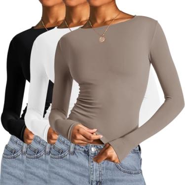 Imagem de AKEWEI Camisetas femininas curtas de manga comprida, pacote com 2, roupas básicas para o outono, Preto, branco, marrom rosado, G