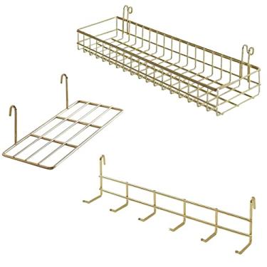 Imagem de Prateleiras de parede com ganchos, prateleira de livros, prateleira de exibição para painel de grade de parede, organizador de montagem de parede e prateleira de armazenamento para escritório, Dourado