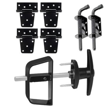 Imagem de BTEOBFY Kit de ferragens para galpão de porta dupla – completo com trincos, dobradiças e trava em T – Inclui conjunto de dobradiças para janelas e portas/janelas, para portões, salas de jogos
