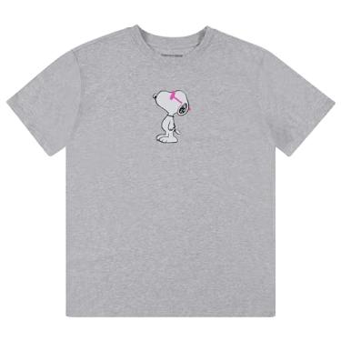 Imagem de Peanuts Camiseta feminina Snoopy Fashion – Camiseta feminina clássica Snoopy juvenil com bainha curvada, Cinza mesclado claro, P