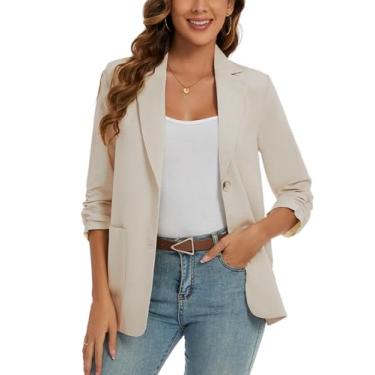 Imagem de MINTLIMIT Blazer feminino de linho de algodão franzido manga 3/4 verão casual leve botão lapela blazer blazer blazer com bolsos, Bege, XXG