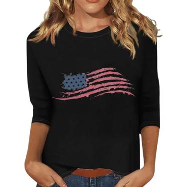 Imagem de Camiseta feminina bandeira americana 4 de julho, blusas do Dia da Independência, patriótica, manga 3/4, roupas de verão, Preto, 4G