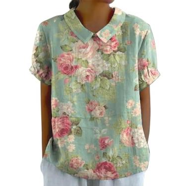 Imagem de Blusa feminina de linho com lapela floral e gola redonda com botões soltos, camiseta casual, shorts de treino feminino, Zc-verde menta, 3G