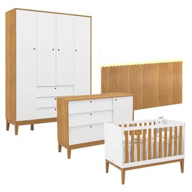 Imagem de Quarto de Bebê Unique 4 Portas com Cômoda Sapateira e Painel Farm com Led Branco Soft Freijó Eco Wood - Matic
