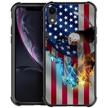 Imagem de DJSOK Capa compatível com iPhone XR, design padrão de bandeira dos EUA de hóquei no gelo e fogo, capa para iPhone XR, para presente de canto antiqueda e à prova de choque para homens e mulheres