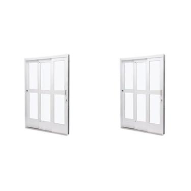Imagem de Kit com 2 Portas de Aço de Correr 215x200cm 3 Folhas Vidro Liso Qualitysol Ramassol Branco