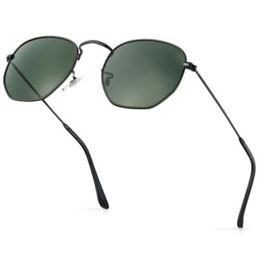 Imagem de KALIYADI Óculos de sol para mulheres e homens, proteção UV quadrada polarizada, óculos de sol hexagonais modernos com armação de metal, Ab2 preto/G15 (lente de vidro | não polarizada | hexagonal