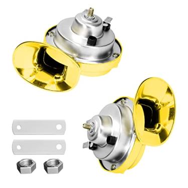 Imagem de BLAU GRUN 2 peças 300DB buzinas de trem super altas, kit de substituição de buzinas de ar à prova d'água de 12 V, caracol elétrico de carro buzina dupla, acessórios automotivos universais para motocicleta, caminhão, bicicleta, barco (dourado)