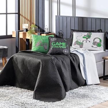 Imagem de Kit Cobre Leito Colcha SOLTEIRO 05 Peças Game Streamer Dupla Face com Almofadas Estampadas - Jogo Conjunto Decoração Roupa de Cama Infantil Juvenil Gamer (Verde)