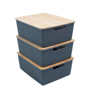 Imagem de Kit 3 Caixas Organizadoras Tampa de Bambu 12l Cinza - Oikos, U, UNICA