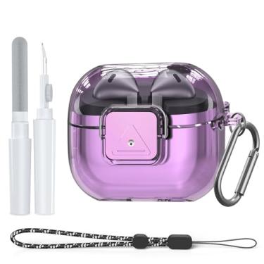Imagem de Capa para Samsung Galaxy Buds3 FE (2025) / Buds3 Pro (2024) / Buds 3 (2024) com clipe de bloqueio seguro, capa transparente de TPU flexível com kit de limpeza, mosquetão e cordão (roxo claro)
