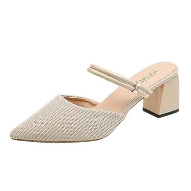 Imagem de Boxpopla Mocassim feminino fechado bico fino mules duas vias alça frente única para mulheres salto médio grosso mule slingback sapatos sem cadarço, Malha bege, 35