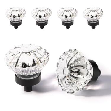 Imagem de Puxadores de armário de cristal de flores, pacote com 4 bases pretas foscas e cristal transparente pequeno puxador para armário gavetas de cômoda, guarda-roupa, puxadores retrô de liga sólida vintage,