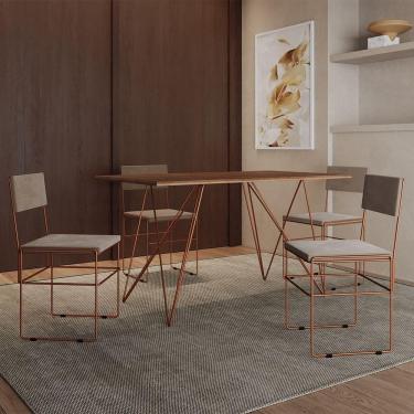 Imagem de Mesa Jantar Industrial Trama 1,40x0,80m Amêndoa Com 4 Cadeiras Estofadas Vitória Bege E Cobre Marrom