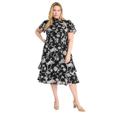 Imagem de Maggy London Vestido feminino elegante midi com babados e gola alta, saia em camadas, versátil, Preto/branco, 52