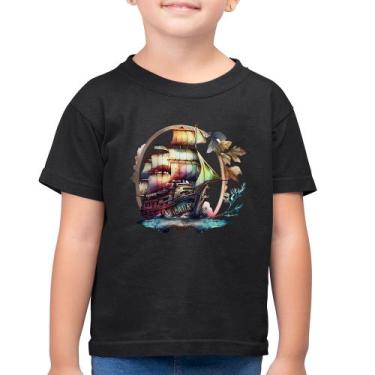 Imagem de Camiseta Algodão Infantil Navio e Flores - Foca na Moda, Preto, 14