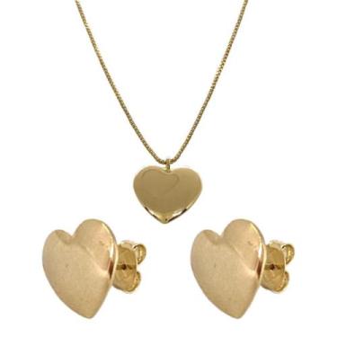 Imagem de Kit Conjunto Colar e Brinco Feminino Folheada a Ouro Coracao 45cm Caix