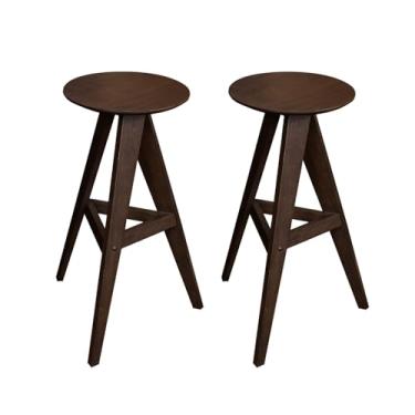 Imagem de CONSDAN Conjunto de 2 bancos de bar de madeira, cadeiras de bar redondas altas com assento de nogueira de madeira maciça, bancos de bistrô altos com altura de bar, resistente e confortável para