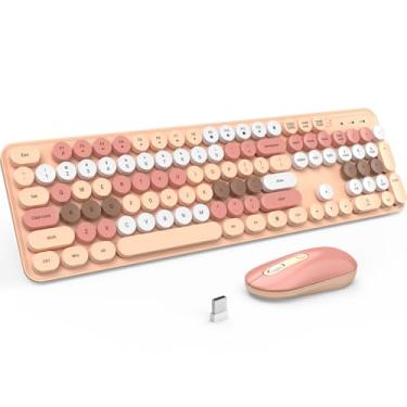 Imagem de LIZRROT Teclado e mouse sem fio, combo de teclado silencioso e mouse, teclado de máquina de escrever colorido de tamanho completo com teclas redondas, mouse fofo de 2,4 G compatível com