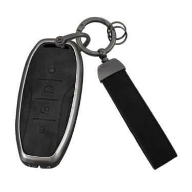 Imagem de ontto Capa de chave de carro de 4 botões com chaveiro, película de metal e couro com proteção total, compatível com BYD Song Plus Atto 3 Han EV Tang DM Qin Seal Dolphin, preta