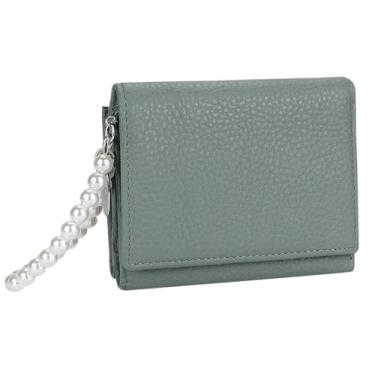 Imagem de AurexaFashion Carteira feminina de couro genuíno com três dobras, porta-moedas, porta-cartões de identificação com alça de mão, #03 Verde claro, Short; 4.33" x 3.34" x 1.18", Carteira feminina de três