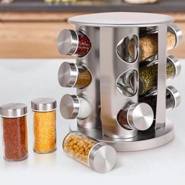 Imagem de Porta-Temperos Giratório em Aço Inox, 12 Potes de Vidro com Tampa Hermética, Base Rotativa
