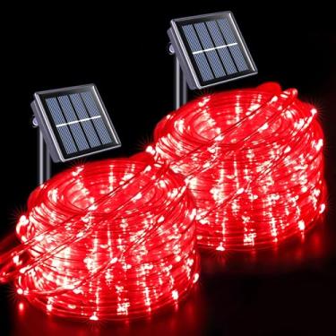 Imagem de JMEXSUSS 2 x 200 luzes LED vermelhas de corda solar, 20 metros IP 65 à prova d'água luz solar ao ar livre, 8 modos de luzes de Natal para acampamento trampolim escada deslizante tenda