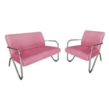 Imagem de Kit Namoradeira + Poltrona Decorativa Bela Suede Rosa Braço Cromado - 
