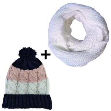 Imagem de Conjunto Touca Pompom Listrada Com Cachecol Gola Lã Macio Quentinho - 