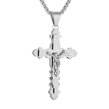 Imagem de HZMAN Colar de cruz crucifixo masculino de aço inoxidável retrô inspirador da oração do Senhor, pingente de cruz de fé cristã, presente, Aço inoxidável, Sem Pedra Preciosa