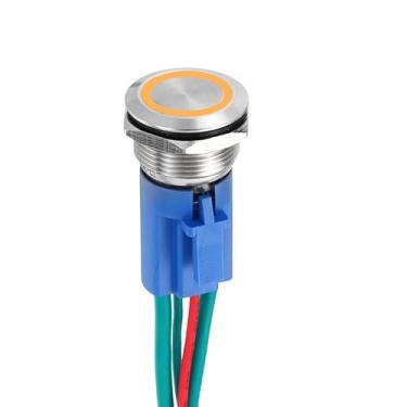 Imagem de DMiotech 1 peça 19 mm / 3/10.2 cm interruptor de botão de trava de aço inoxidável 1NO 15A 12-24V botão prata anel amarelo lâmpada com plugue soquete com fio para sistemas de barco de carro