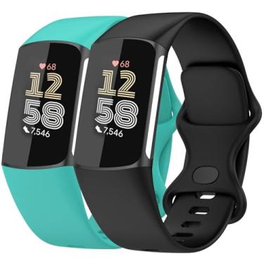Imagem de Nacorulu Compatível com pulseiras Fitbit Charge 6/Fitbit Charge 5, pulseira de substituição de silicone macio para mulheres e homens, pacote com 2 (preto_azul-petróleo, pequeno (14 a 19,8 cm)
