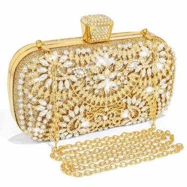 Imagem de Yokawe Bolsa de mão feminina de cristal para noite, bolsa de casamento com strass, festa de formatura, Dourado, 7.5*2.4*4.9inch