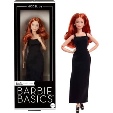Imagem de Mattel Barbie Basics modelo 04 boneca de colecionador com cabelo vermelho encaracolado, minivestido preto e botas, roupa intercambiável com outras bonecas, corpo pequeno articulado e cabeça